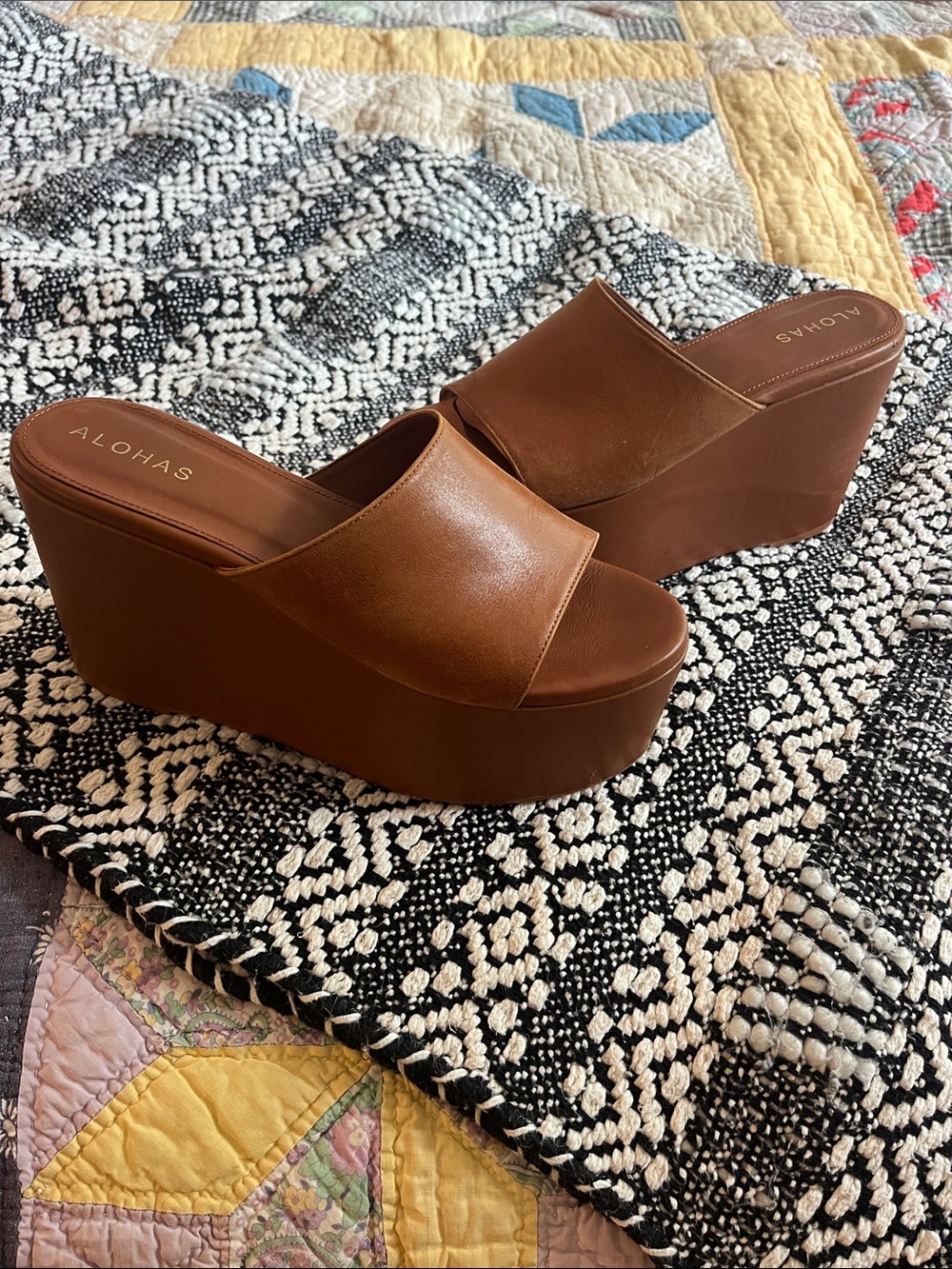 ALOHAS Cognac Brown Leather Slide Wedge Mules - Picture 2 of 4